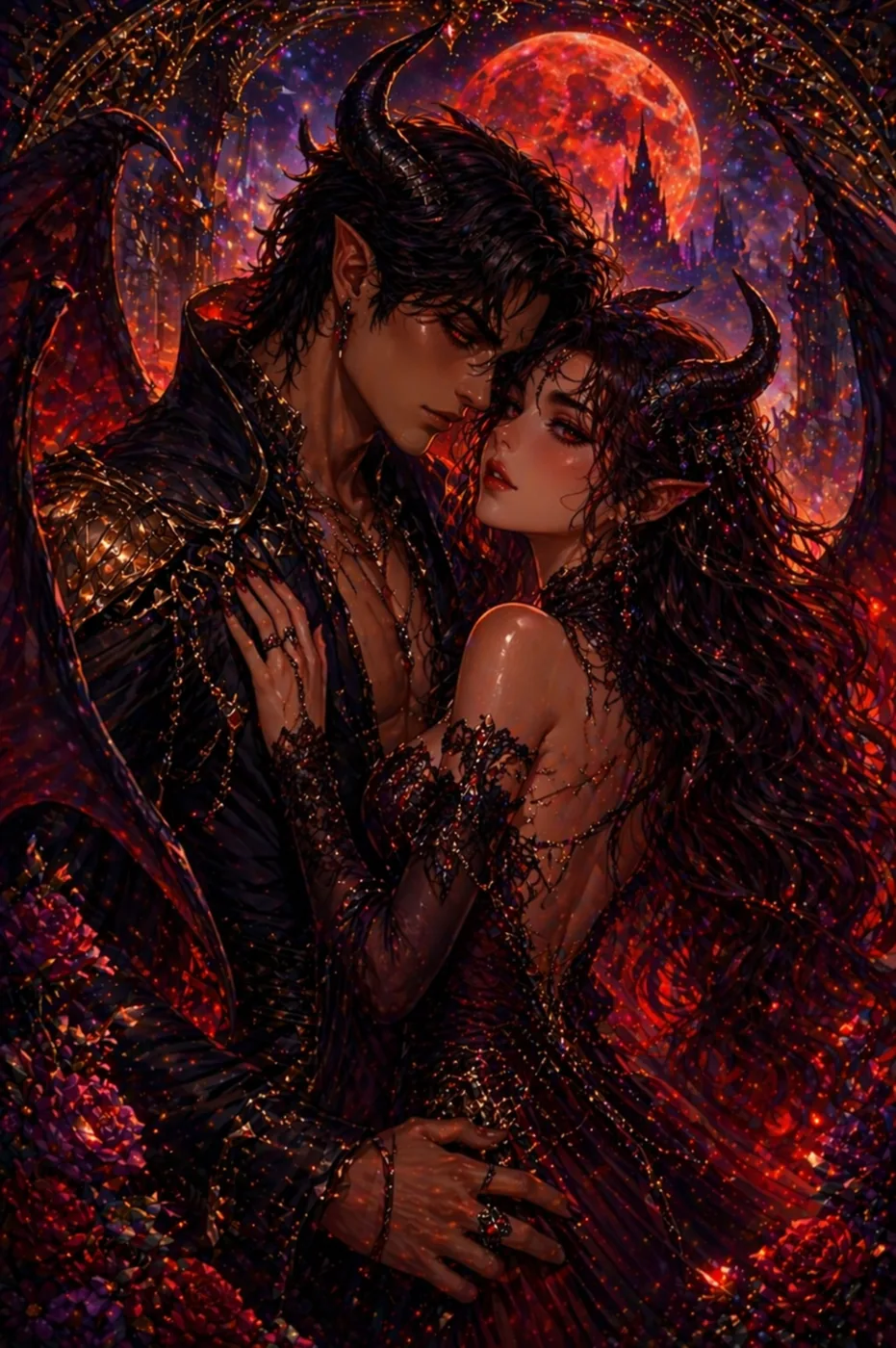 Abrazo bajo la luna roja – cuadro diamond painting romance oscuro Lady Aura