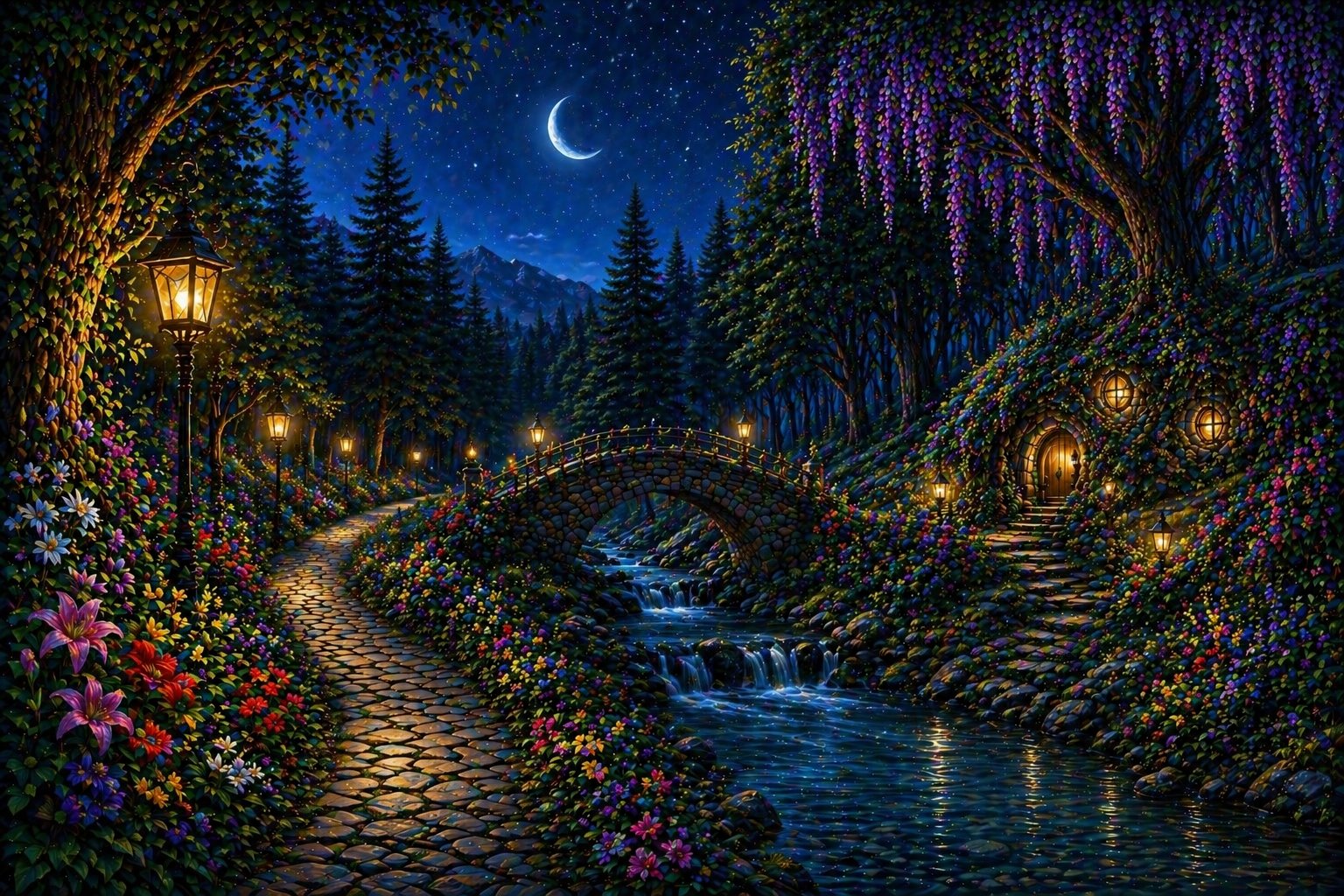 Bajo la luna – diamond painting paisaje nocturno mágico puente flores Lady Aura