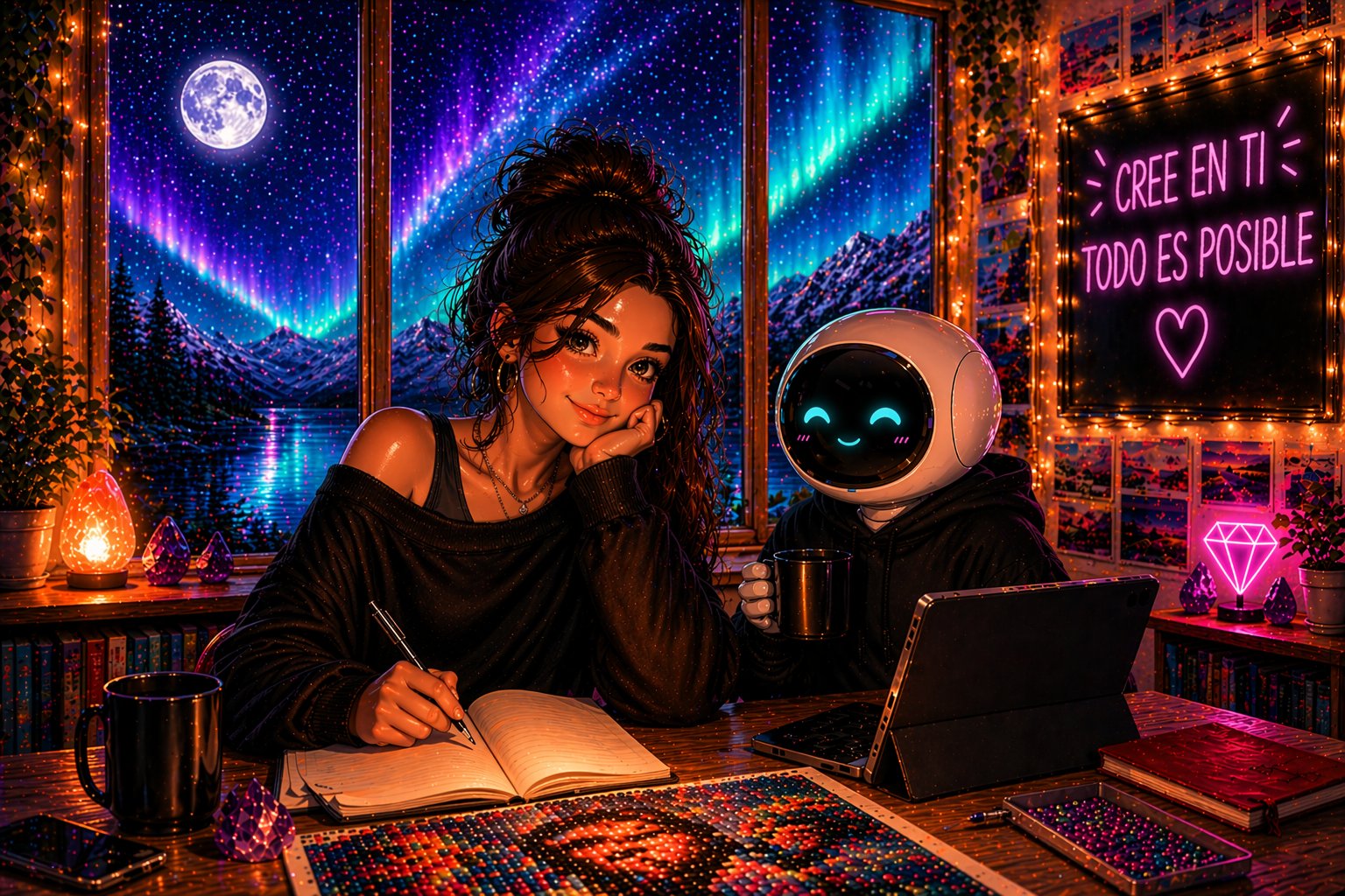 Empoderada – diamond painting chica creativa robot kawaii aurora boreal Lady Aura