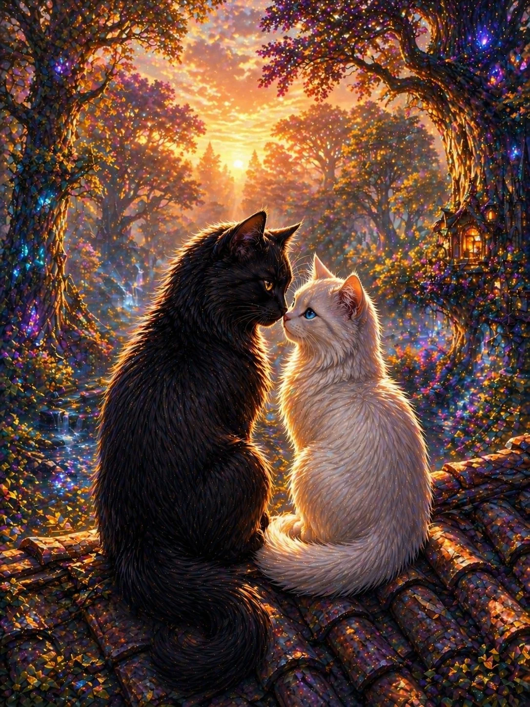 Diamond painting gatitos tejado místico Lady Aura Art