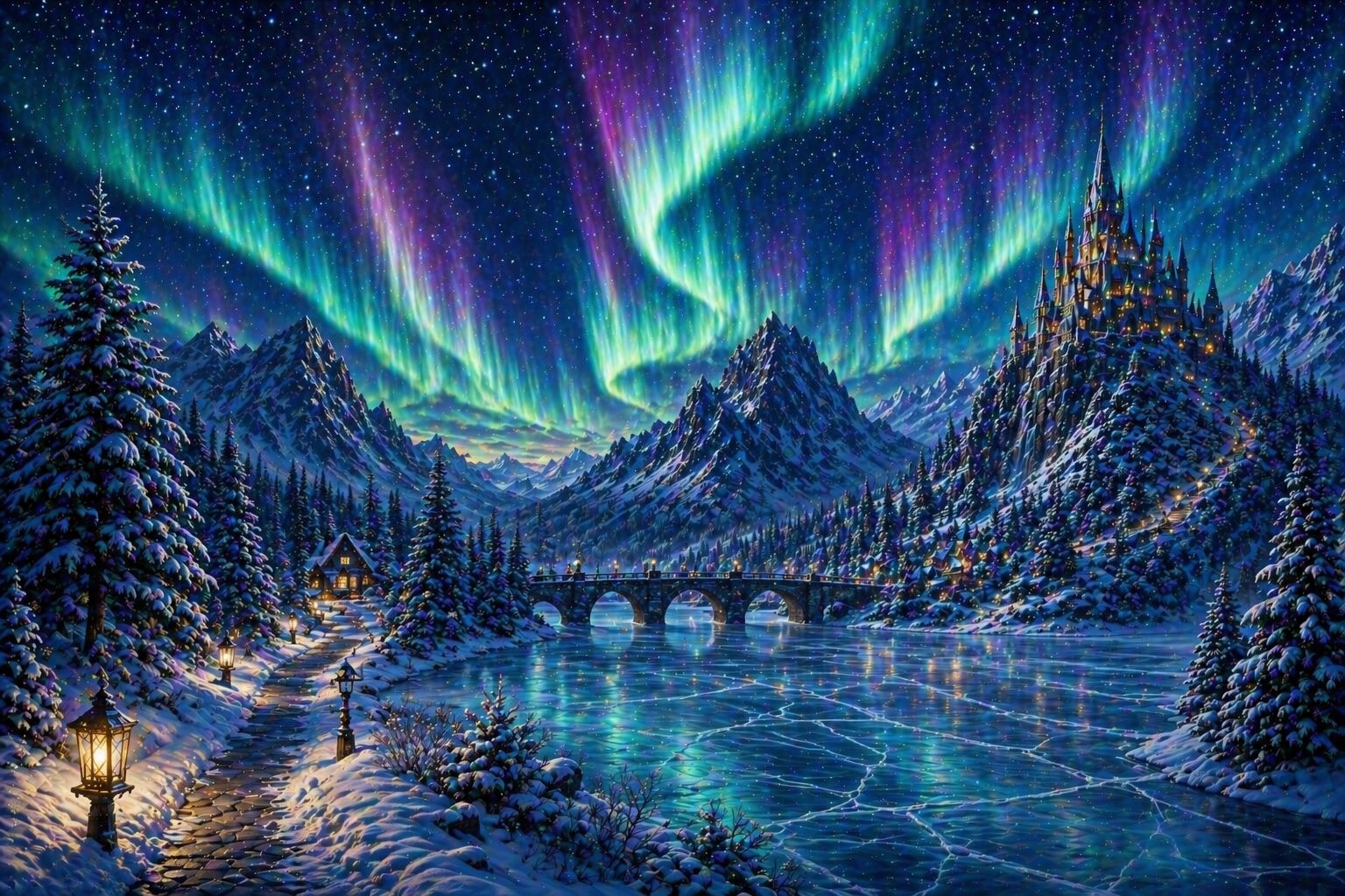 Paisaje invernal de fantasía – diamond painting aurora boreal castillo nevado Lady Aura