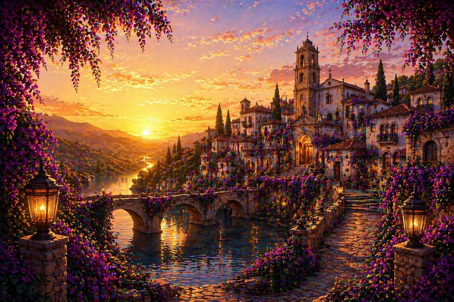 Villa al amanecer – diamond painting villa mediterránea atardecer mágico Lady Aura